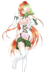 blush concubine cz2128_delta dripping fato_(sabitasatetu) female female_only green_eyes half_naked long_hair looking_at_viewer monster_girl one_eye_covered orange_hair overlord_(maruyama) reaching_out robot_girl small_breasts stoic veil wet_body white_background white_stockings