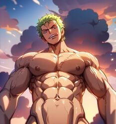 1boy abs ai_generated artist_request bara looking_at_viewer looking_down looking_up male male_only muscular_male one_piece pectorals pov roronoa_zoro