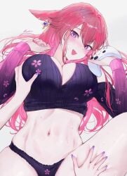 2girls big_breasts embarrassed flower genshin_impact huge_breasts huge_thighs jewelry long_hair nails navel pink_eyes pink_hair purple_eyes qiandaiyiyu raiden_shogun thighs yae_miko yuri