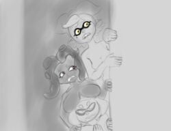 3girls babbitybab breasts breasts_on_head female hiding marie_(splatoon) marina_(splatoon) nintendo nude pearl_(splatoon) splatoon tagme