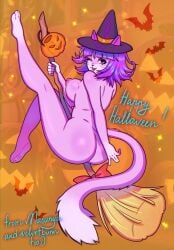 anthro broom broom_riding cleaning_tool clothing english_text felid feline female hair halloween hat headgear headwear hi_res holidays looking_at_viewer mammal masyunya masyunya_(vkontakte) one_eye_closed purple_hair solo text velvetbunn vkontakte wink winking_at_viewer witch_hat