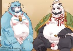 2024 96panda anthro balls bear beard belly big_belly black_body black_fur blue_body blue_fur blush bonasiah duo erection facial_hair full_attack fur genitals giant_panda hi_res kemono male male/male mammal mature_male moobs navel nipples overweight overweight_male penis sitting small_penis sophring_jie white_body white_fur