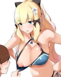 1boy 1girls akire_(akireru_shoujo) aqua_bikini assisted_exposure bare_shoulders bikini bikini_pull black_bikini black_bow blonde_hair blue_eyes blush bow breast_focus breasts breasts_out clothes_pull collarbone elf flower hair_flower hair_ornament hairbow hands_on_own_hips large_breasts layered_bikini leaning_forward long_hair navel nipples o-ring o-ring_bikini one_breast_out open_mouth pointy_ears ponytail princess_connect! saren_(princess_connect!) saren_(summer)_(princess_connect!) sidelocks simple_background swimsuit white_background