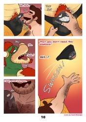 2024 absurd_res anthro arm_hair blush bodily_fluids body_hair bowser brown_hair bulge bulge_rubbing chest_hair clothed clothing colored comic dialogue dropsofmoonlight duo english_text facial_hair goatee hair happy_trail hi_res human koopa leg_hair licking_bulge male male/male mammal mario mario_bros motion_lines moustache nintendo nude onomatopoeia page_number profanity removing_underwear saliva scalie sound_effects sweat tan_body tan_skin text tongue tongue_out underwear underwear_only