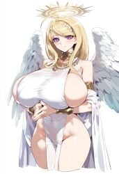 1girls ahoge ai_generated akamatsu_kaede alternate_costume angel blonde_hair blush bracelet breasts danganronpa danganronpa_v3 female female_only hair_between_eyes halo hands_together huge_breasts jewelry large_breasts musical_note_hair_ornament new_danganronpa_v3 pelvic_curtain purple_eyes revealing_clothes robe sideboob smile white_robe wings