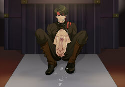 1boy abs black_hair boots clothed clothing cum cum_on_body dai_gyakuten_saiban erect_penis erection gakuran gyakuten_saiban jtu666 kazuma_asogi looking_at_viewer male_only muscle pecs penis pov restrained solo tagme testicles the_great_ace_attorney uncensored undressing