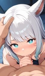 1boy 1girls ai_generated animal_ears blowjob blue_eyes blush catgirl female final_fantasy hand_on_head hand_on_penis handjob long_hair looking_at_viewer male male_pov miqo'te oral pov small_breasts white_hair