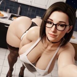 3d 3d_(artwork) ai_generated apron big_ass big_breasts brown_hair brown_hair busty cassandra(oc) cleavage glasses housewife kitchen medium_hair milf mommy mother mother radnsad solo solo_female solo_focus thick_thighs