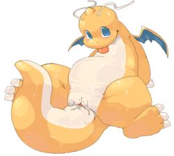 animal_genitalia blue_eyes blush cloaca dragonite female feral looking_at_viewer lying nintendo noriburu on_back orange_skin pokemon pokemon_(species) pussy_juice simple_background slightly_chubby solo tongue tongue_out video_games white_background wide_hips wings