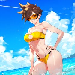 1girls ai_generated beach big_breasts brown_eyes brown_hair ded_173 overwatch solo swimsuit tracer