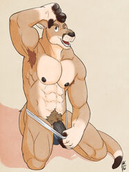 1boy abs anthro armpits biceps clothing fur hair jockstrap kangaroo kneeling male male_only mammal marsupial muscular nipples pecs penis pubes reindeeroo smile solo tagme underwear underwear_aside underwear_pull