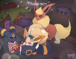 accessory blue_eyes blush bodily_fluids brother_(lore) brother_and_sister_(lore) brother_penetrating_sister cafefluff christmas cum cum_on_leg cunnilingus detailed_background dipstick_ears dipstick_tail ear_markings ear_piercing ear_ring eevee eeveelution english_text female female/female female_orgasm female_penetrated feral flareon flower flower_hair_accessory fluffy fluffy_tail from_behind_position fur generation_1_pokemon generation_2_pokemon genital_fluids group hair_accessory hairclip heart_eyes heart_symbol hi_res holidays incest_(lore) jewelry kai_the_flareon leg_markings looking_at_another male male/female male_penetrating male_penetrating_female markings multicolored_ears neck_tuft necklace nintendo one_eye_closed open_mouth oral penetration penile penile_penetration piercing pink_eyes plant pokemon pokemon_(species) ring_piercing sex sibling_(lore) sister_(lore) socks_(marking) stacy_(vivee) tail tail_markings text tongue tongue_out trio tuft umbreon vaginal_fluids vaginal_penetration vivi_(vivee)