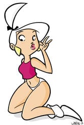 1girls artist_name female female_only half-shirt hanna-barbera judy_jetson kneeling on_knees panties papawaff shoes solo the_jetsons white_background white_panties