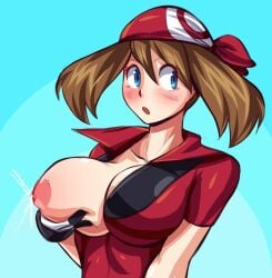 bandana blue_eyes breasts brown_hair creatures_(company) game_freak gloves holding_own_breast lactation large_breasts may_(pokemon) may_(pokemon_rs) nintendo nipples nonosamu open_mouth pokemon pokemon_rse short_hair