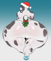 anthro ass beagle big_butt canid canine canis christmas christmas_clothing clothing domestic_dog eyewear feet glasses hi_res holidays hunting_dog looking_at_viewer looking_back male mammal milkblend mistletoe pawpads paws plant scent_hound solo thick_thighs wide_hips