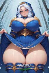 1girls ai_generated ashe_(league_of_legends) cameltoe from_below huge_ass huge_breasts large_areolae large_ass large_breasts lifting_skirt nipple_bulge skindentation solo thick_thighs waifuparadiso wide_hips