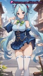 1girls ai_generated anime anime_style aqua_(konosuba) ass_visible_through_thighs bangs bare_shoulders blue_eyes blue_hair blue_shirt blue_skirt blue_sky blush bow bowtie breasts brooch bust busty cleft_of_venus closed_mouth clothes_lift clothing cloud corset cutout_above_navel day detached_sleeves feet_out_of_frame female female_focus female_only framed_breasts frills gem green_bow green_bowtie hair_bobbles hair_ornament hair_rings hand_up hentai kono_subarashii_sekai_ni_shukufuku_wo! labia large_breasts legwear long_hair long_sleeves looking_at_viewer miniskirt natsuyoru no_panties nopan outdoors paipan parted_bangs pleated_skirt pointing pointing_at_self pussy shirt single_hair_ring skindentation skirt skirt_lift sky sleeveless sleeveless_shirt solo solo_female standing thigh_gap thighhighs thighs uncensored underbust upskirt vagina very_long_hair voluptuous voluptuous_female white_thighhighs wide_sleeves wind_lift