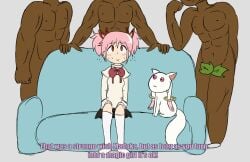 3boys artist_request casting_couch dark-skinned_male hair_ribbon imminent_gangbang imminent_sex kyuubee madoka_kaname magical_girl mahou_shoujo_madoka_magica meme muscular_male petite pink_eyes pink_hair puella_magi_madoka_magica red_ribbon ribbon ribbons size_difference twintails