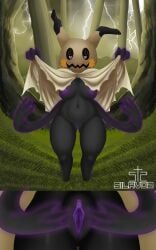 5:8 anthro belly black_body breasts clitoris clothed clothing clothing_lift female flashing flashing_breasts flashing_pussy forest forest_background generation_7_pokemon genitals glowing glowing_body glowing_genitalia glowing_nipples grass heart_eyes heart_symbol hi_res humanoid looking_at_viewer mimikyu nature nature_background navel nintendo nipples nude orange_cheeks plant pokemon pokemon_(species) presenting presenting_pussy pussy silavos smile smiling_at_viewer solo spread_pussy spreading standing thick_thighs thunderstorm tree watermark