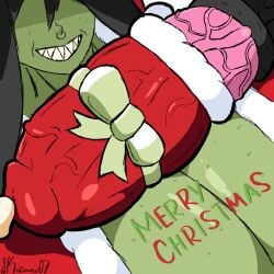 christmas christmas_gift christmas_outfit christmas_present fangs freckles_on_breasts freckles_on_face gift gigantic_breasts gigantic_penis goblin goblin_female green_skin horse horse_penis horsecock hyper_breasts hyper_penis mature_female merry_christmas milf mother penis_on_breast precum smile vein veins veiny_penis