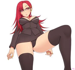 black_legwear black_panties blush breasts cameltoe cleavage ear_piercing female glasses kuroonehalf long_hair looking_at_viewer miniskirt multiple_piercings nail_polish original panties pink_eyes pointy_chin red_hair simple_background solo suit teacher thighhighs underwear white_background yellow_nails