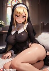 1girls ai_generated aliusnext ass blonde_hair chubby fairy_tail female high_resolution highres huge_breasts long_hair lucy_heartfilia nun nun_outfit patreon smirk tagme thong