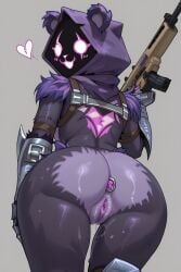 ai_generated animal_ears anthro ass blush buttplug happy looking_at_viewer purple_body raven_team_leader sweaty_butt viewed_from_behind wet_pussy