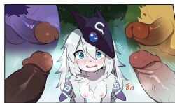 alistar anthro big_penis blushing gangbang kindred lamb_(league_of_legends) league_of_legends mask nasus penis renekton rengar riot_games sollyz white_fur