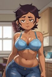 ai_generated big_breasts bra brown_eyes clothed curvy jeans luz_noceda messy_hair scar sexy the_owl_house