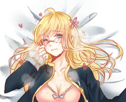 ahoge artist_request blonde_hair blue_eyes blush breasts cleavage collarbone cum cum_on_body cum_on_breasts cum_on_clothes cum_on_glasses cum_on_hair cum_on_upper_body facial glasses heart hood_(zhan_jian_shao_nyu) one_eye_closed sketch zhan_jian_shao_nyu