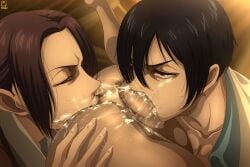 1boy 2girls attack_on_titan clothed_female_nude_male deep_rimming deepthroat fellatio legs_up mikasa_ackerman new_epic_artist nose_to_anus nose_to_balls oral rimming sasha_braus shingeki_no_kyojin stray_pubic_hair