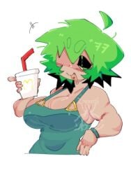 big_breasts blue_eyes drinking foo_fighters green_hair jojo's_bizarre_adventure mcdonald's overalls stone_ocean tagme v4mp1333 white_background