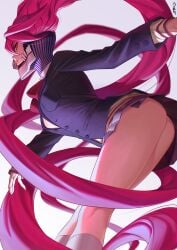 absurdly_long_hair acrobatic_silky_(dandadan) alternate_form ass commentary dandadan english_commentary female highres jebi kneehighs long_hair looking_at_viewer looking_back mask mouth_mask pink_eyes pink_hair school_uniform shiratori_aira_(acrobatic_silky) shiratori_aira_(dandadan) socks solo thick_thighs thighs transformation very_long_hair white_background