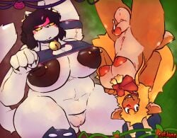 anthro areola areola_slip bell belly big_belly big_breasts black_hair blonde_hair blush blush_lines bow_ribbon breasts brown_body brown_fur catjam_(artist) catti_(deltarune) claws deer deltarune duo felid feline female fur genitals hair herm highlights_(coloring) huge_belly huge_breasts huge_thighs intersex looking_down mammal nipple_piercing nipples noelle_holiday penis piercing tan_body tan_fur thick_thighs undertale_(series) white_body white_fur