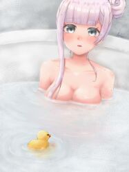 1girls bath bathroom blush breasts d4dj hair_up in_bathtub izumo_saki louna_(_louna_x) nude rubber_duck water watermark wet