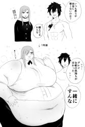 1girl1boy black_and_white erza_scarlet fairy_tail inflation large_belly large_breasts light-skinned_female nikutsuki shirtless_male ssbbw