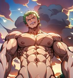 1boy abs ai_generated artist_request bara looking_at_viewer looking_down looking_up male male_only muscular_male one_piece pectorals pov roronoa_zoro