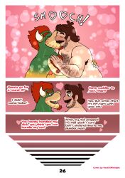 2boys absurd_res anthro armpit_hair barazoku bodily_fluids body_hair bowser comic dialogue dropsofmoonlight duo english_text eyebrows facial_hair gay heart_symbol hi_res human koopa male male/male mammal mario mario_(series) nintendo onomatopoeia page_26 page_number pink_background red_hair reptile saliva saliva_string scalie simple_background smooch_(sound_effect) sound_effects text thick_eyebrows