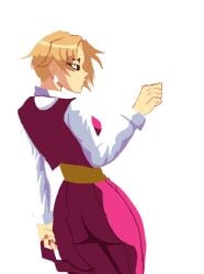 1girls ass big_ass blonde_hair brown_eyes busty clothed earrings elegant female from_behind hips huge_ass king_(snk) king_of_fighters large_ass light-skinned_female light_skin long_sleeves pale-skinned_female pale_skin pants pink_clothing pink_pants purple_pants short_hair standing suit thick_thighs thighs thin_waist tuxedo voluptuous voluptuous_female white_shirt wide_hips