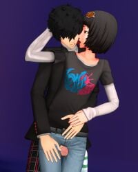 1boy 1boy1girl 1girl 1girl1boy 1girls atlus auxp clothed ear_licking joker_(persona) licking ohya_ichiko persona persona_5 standing standing_sex thigh_sex