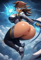 ai_generated anus brown_hair_female brown_skin clouds cosplay danganronpa danganronpa_2:_goodbye_despair flying glowing_eyes hole_in_pants lightning marvel marvel_rivals novelai owari_akane pussy serious storm_(marvel_rivals)