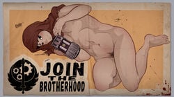 1girls breasts brown_hair fallout fallout_new_vegas female female_only human lying obsidian_entertainment pale_skin pinup poster propaganda pubes pubic_hair recruitment_poster solo suika uncensored veronica_santangelo weapon