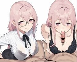 1girls ai_generated blush bra bra_visible_through_clothes breasts busty cum female glasses hands-free_paizuri hoyoverse huge_breasts milf mommy naughty_smile niratamatarin paizuri paizuri_lead_by_female paizuri_under_clothes penis penis_between_breasts pink_eyes pink_hair see-through see-through_clothing tsukishiro_yanagi zenless_zone_zero