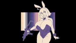 1girls animated breasts bunny_ears bunnysuit cleavage fake_animal_ears female gigantic_breasts gun huge_breasts jeanne_alter leopard limited_palette looking_at_viewer massgrave music shorter_than_30_seconds solo strapless strapless_leotard tagme uzi video