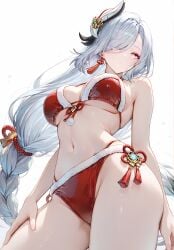 1girls big_breasts blue_eyes braid genshin_impact gray_hair huge_breasts huge_thighs long_hair navel santa_hat shenhe_(genshin_impact) swimsuit thighs white_hair yellow_eyes