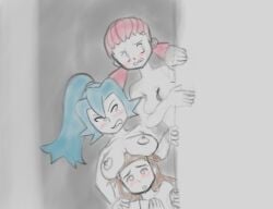 3girls babbitybab clair_(pokemon) embarrassed female hiding jasmine_(pokemon) pokemon tagme whitney_(pokemon)