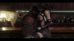 1boy 1girls 3d animated bar barret_wallace big_breasts big_tits black_hair black_skirt boobs bracer bracers breast_sucking clothed dark-skinned_male dark_skin earrings female final_fantasy final_fantasy_vii final_fantasy_vii_remake fingernail_polish gloves human interracial large_breasts leggings licking_breast low-tied_long_hair male moaning muscular_male nipples no_sound ponytail red_eyes seductive shirt_lift sitting_on_lap suspenders tagme tank_top teehee7990 thighhighs thighs tifa_lockhart video white_shirt zettai_ryouiki