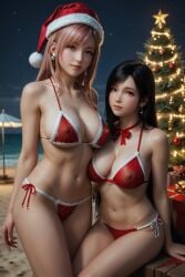 ai_generated beach black_hair christmas christmas_bikini christmas_hat christmas_tree cleavage dead_or_alive dead_or_alive_xtreme_venus_vacation final_fantasy_vii final_fantasy_vii_remake honoka_(doa) hourglass_figure huge_breasts looking_at_viewer night nipples_covered outdoors pink_hair ponytail rekcah_mhf side_ponytail tied_bikini tifa_lockhart