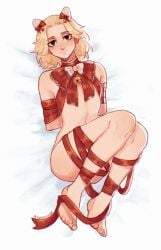 1boy blonde_hair_male christmas christmas_present feet femboy femboy_only furry_ears gift_bow gift_wrapped half_naked human_gift manjiro_sano mikey_(tokyo_revengers) thighs tied_arms tiramisoups tokyo_revengers trap