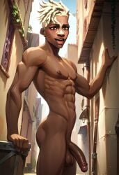 abs ai_generated ass balls biceps big_balls big_penis blonde_hair blush brown_eyes dark-skinned_male dark_male_only dark_skin dreadlocks ekko gay league_of_legends looking_at_viewer male male_only muscular muscular_male nipples nude_male open_mouth pecs penis precum smile toned_body toned_male twall97